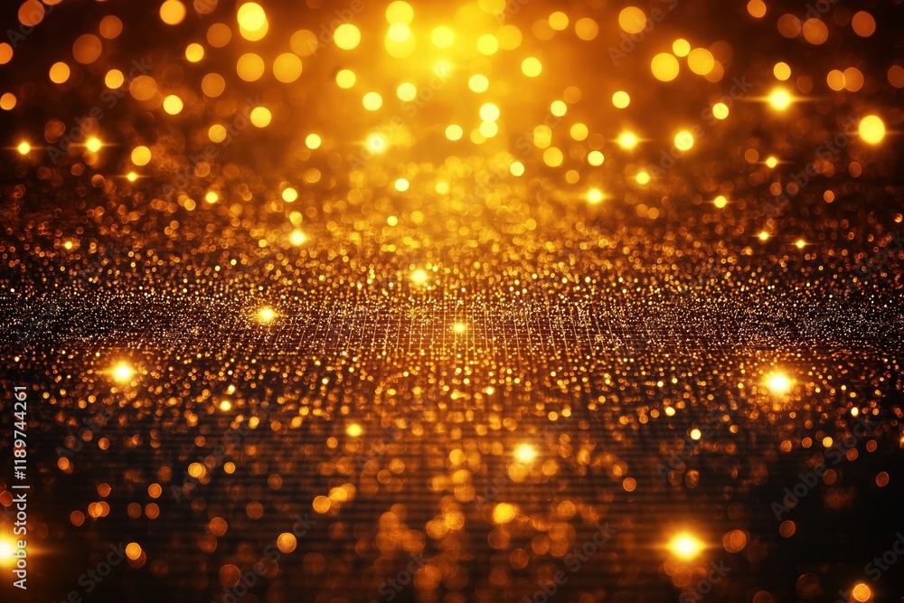 Poster abstract glittering background features lot of golden sparkles. bright lights create glowing effect.
