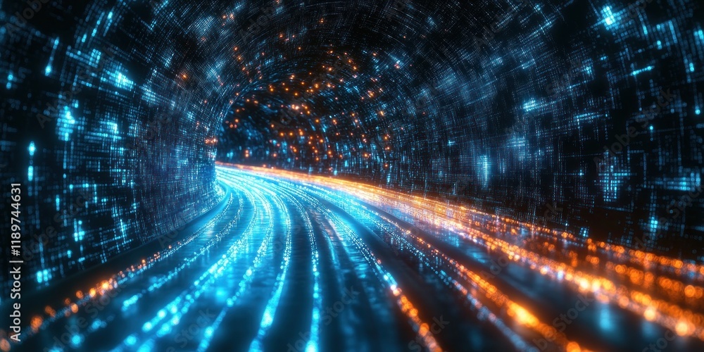 Poster futuristic digital highway of information through cyberpunk city with light trails and data streams