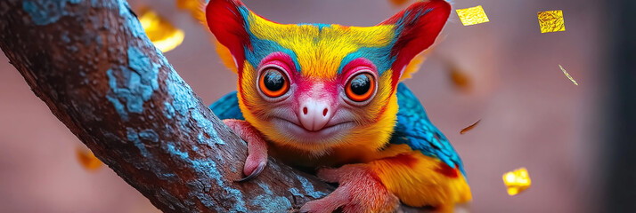Vibrant fantasy creature perched on a branch.