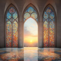 Stained glass windows frame stunning sunset view. Colorful patterns of windows reflect light of setting sun. Archway cityscape. Dreamlike, mystical atmosphere. Ornate structure evokes sense of