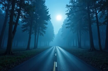 Obraz premium Fog In Spooky Forest At Moon Light On Asphalt - Abstract Bokeh