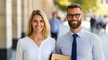 Smiling female teacher holding books urban setting educational content bright environment engaging viewpoint inspiring education
