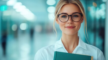 Fototapeta premium Inspiring education moment smiling female teacher with books in a bright classroom environment
