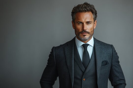 Confident Businessman in Tailored Suit Posing with Arms Crossed Against Minimalistic Background