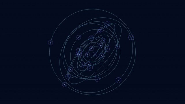 A visual depiction of an atom's structure: a circular nucleus filled with protons and neutrons, surrounded by orbiting electrons, connected by bonding lines