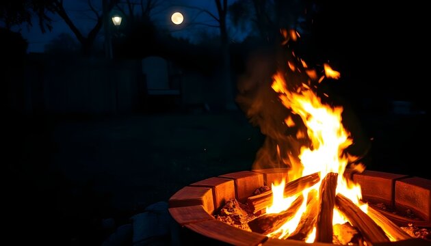 A fire pit with bright flickering flames situated in a backyard with a full moon