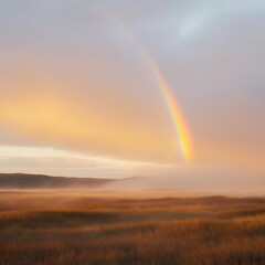 Fototapeta premium Serene misty landscape at sunset. Stunning rainbow arches over tranquil field of tall grass. Warm hues paint sky. Misty air creates dreamlike ambience. Scenic view of tranquil evening landscape.