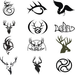 hunting Deer Duck and fish minimalist logo design	
