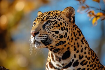 Obraz premium Majestic jaguar in profile, showcasing its striking coat and intense gaze.