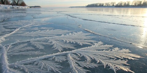 Obraz premium Frost patterns create intricate designs on a frozen lake during a serene winter morning in a tranquil landscape