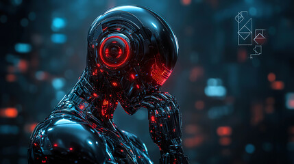 Fototapeta premium Glossy black robot with red lights, advanced design in a dark futuristic setting. Generated with AI.