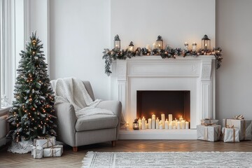 Cozy Living Room Christmas Scene Scandinavian Style Armchair Fireplace Christmas Tree Warm Lighting