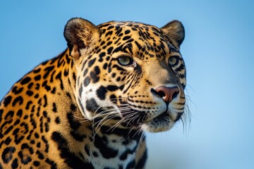 Obraz premium Majestic jaguar portrait against a clear blue sky. The big cat's intense gaze and striking spots are captivating.