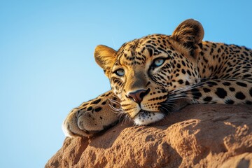 Leopard resting on a rock, gazing intensely. Beautiful big cat in the wild.