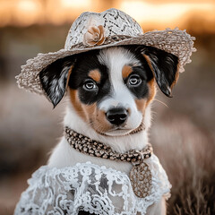  boho kelpie dog in a white lace dress in the desert