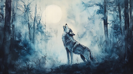 A watercolor painting of a wolf howling at the moon in a misty forest with soft cool tones and atmospheric light 