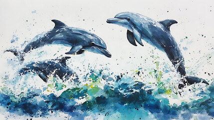  Watercolor Scene Dolphins Leaping
