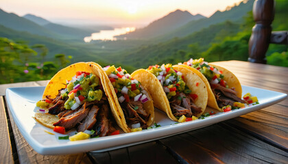 A vibrant platter of gourmet tacos filled with pulled pork, fresh guacamole, and colorful pickled ve