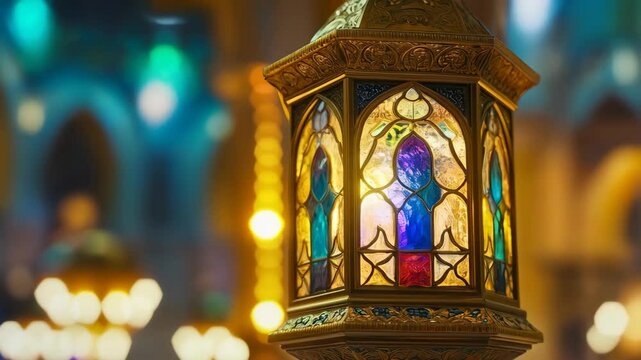 Golden ramadan islamic lattern Lights Bokeh Glow. Animated islamic background. 
