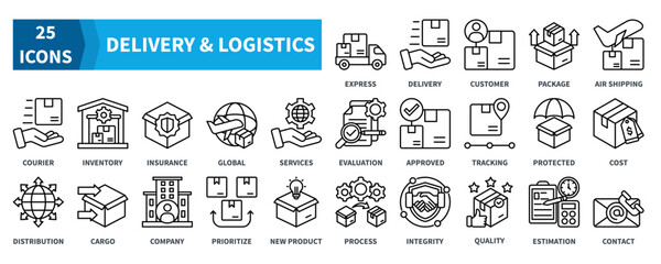 DELIVERY AND LOGISTICS icon collection set. Containing express, delivery, package, courier, customer, distribution icon. Simple black outline vector.