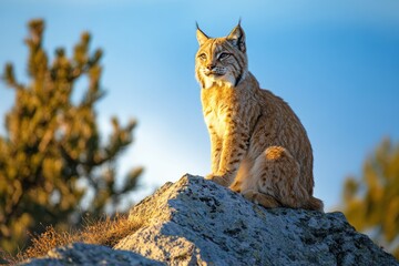 Obraz premium Majestic lynx perched on a rock, bathed in golden sunlight.