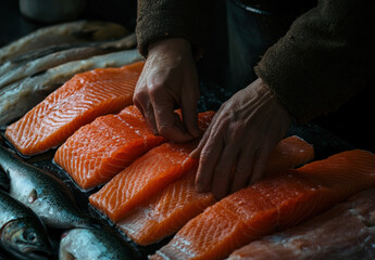 A person is holding and preparing to cut up a fresh salmon fillet, surrounded by other types of fish on a dark background.