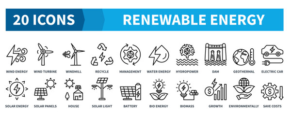 RENEWABLE ENERGY icon collection set. Containing wind energy, turbine, windmill, recycle, hydropower, geothermal, solar panels, biomass icon. Simple black outline vector.