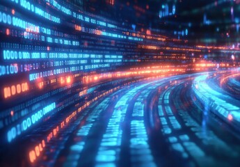 Futuristic Digital Landscape with Binary Code and Vibrant Colors in Cyberpunk Style