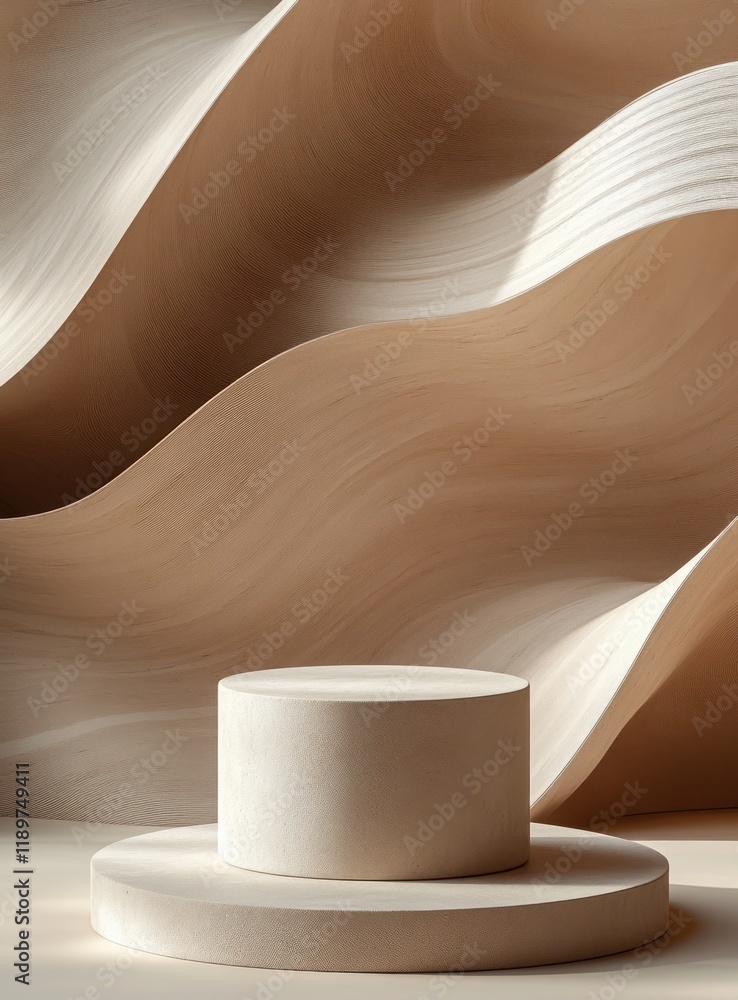 Poster elegant pedestal display with soft silk curtain and neutral background for cosmetic presentation