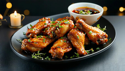 Fototapeta premium A polished black platter of golden-brown chicken wings drizzled with a honey glaze, surrounded by sp