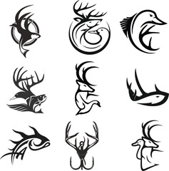 hunting Deer Duck and fish minimalist logo design	