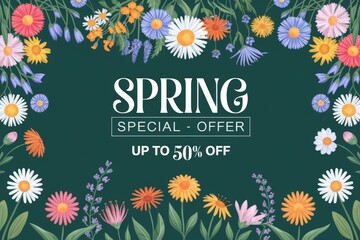 Floral spring sale banner with colorful flowers on dark background