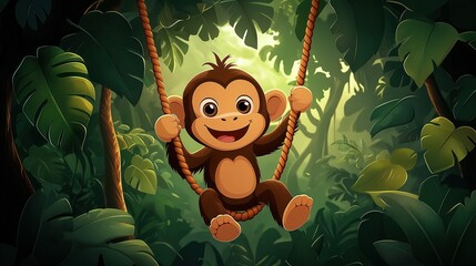 Naklejka premium Cartoon monkey swings happily in rich jungle. Adorable animal character plays in nature. Childrens illustration perfect for books zoo themes. Fun playful animal in wild setting. Vivid colors create