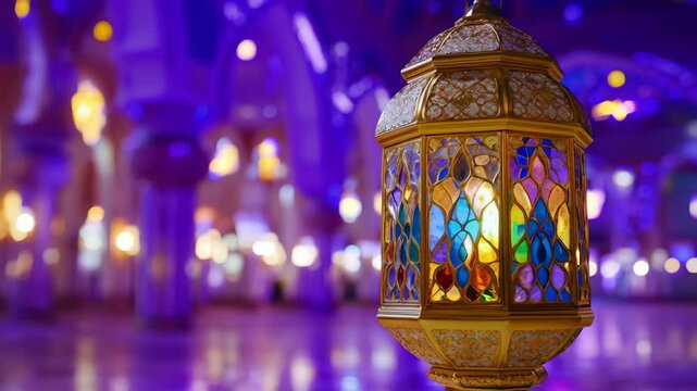 Golden ramadan islamic lattern Lights Bokeh Glow. Animated islamic background. 