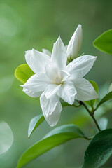 Obraz premium Elegance Embodied: The Pristine Beauty of a Serene White Jasmine Bloom Amidst Green Foliage