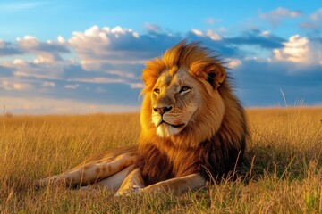 Majestic male lion resting in golden savanna grass under a vibrant sky.  A powerful image of wildlife in its natural habitat.