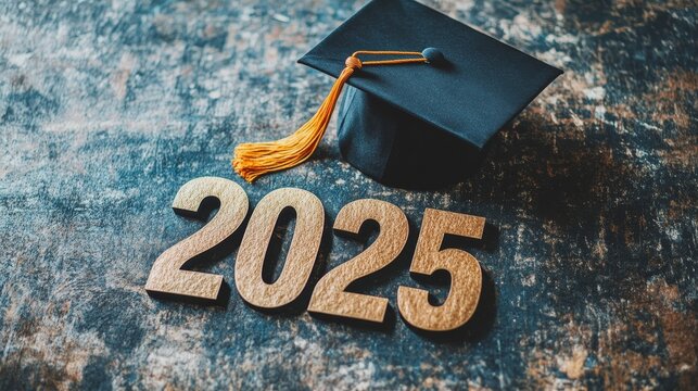 Class of 2025 Graduation Cap and Year Numbers on Rustic Wooden Background with Copy Space