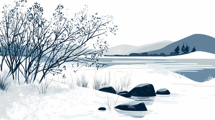 Obraz premium Frost covered lakeshore with a few isolated plants still green, snow, frost, landscape. Lakeshadow. Illustration