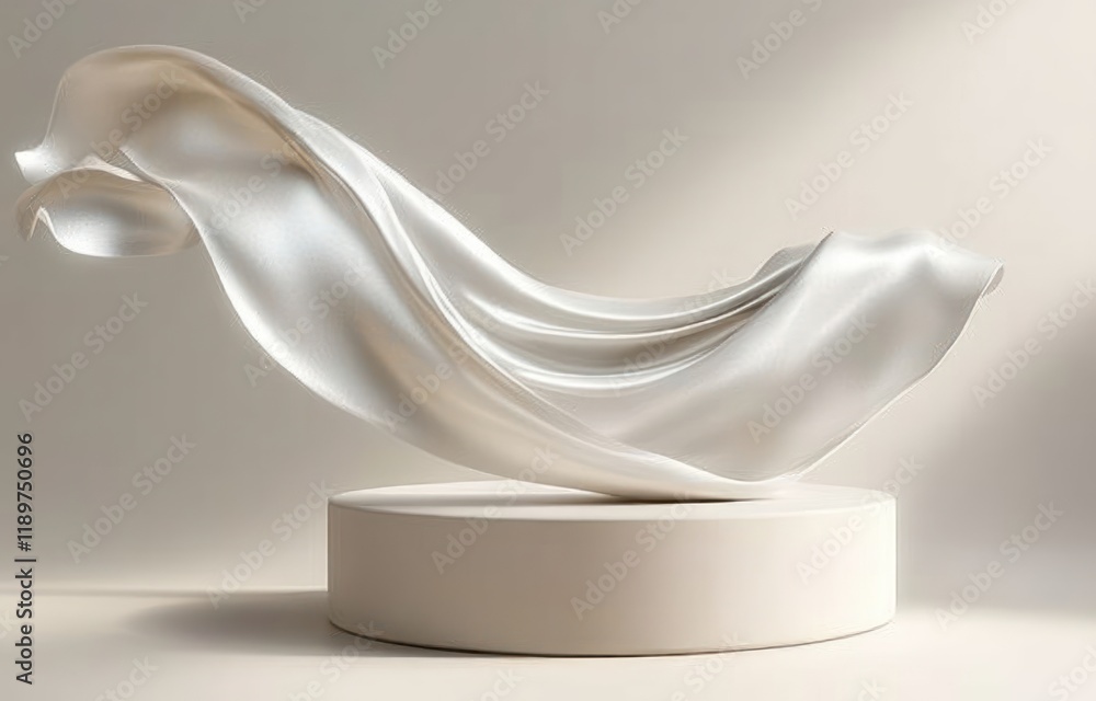 Poster minimalist 3d display podium with elegant silk curtain in soft diffused lighting