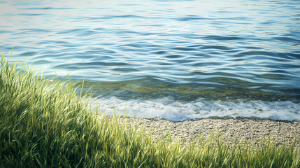 Green grass by a lakeshore with small pebbles, showing gentle waves lapping at the edge. Lakeshadow. Illustration