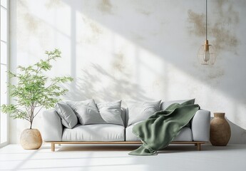 Minimalist Scandinavian Interior Scene with Light Gray Sofa Green Throw Natural Light