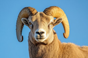 Majestic bighorn sheep stares intensely against a clear blue sky.  The warm tones of its fur contrast beautifully with the vibrant backdrop.