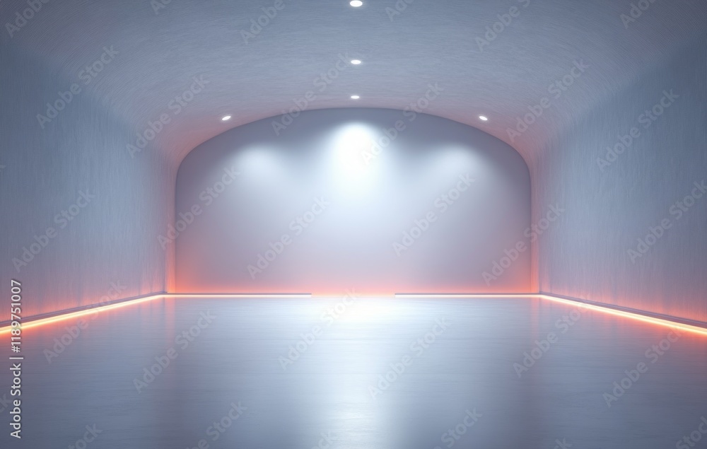 Poster minimalist stage design with diffused light reflective floor and gradient background for contemporar