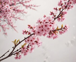 Fototapeta premium Pink cherry blossom tree branches with leaves against a white canvas , cherry blossom, floral motifs