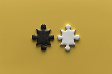 Obraz premium Two puzzle pieces, one black and one white, are positioned side by side against a vibrant yellow background. The colors highlight the contrast and uniqueness of each piece.