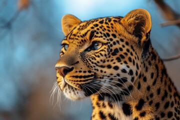 Obraz premium Close-up portrait of a majestic leopard, its gaze intense and captivating against a blurred background. The warm light enhances its striking coat.