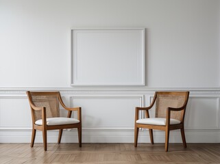 A stylish interior featuring two wooden chairs with white cushions, a blank picture frame, and classic white wall paneling.
