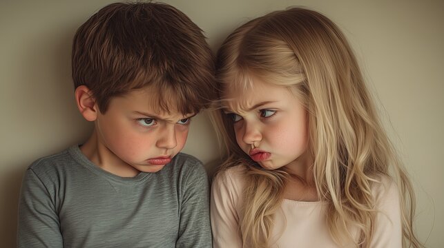 Brother and sister making angry faces at each other