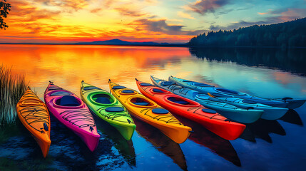 Row of colorful kayaks on a lakeshore at sunset background art design backdrop. Lakeshadow. Illustration