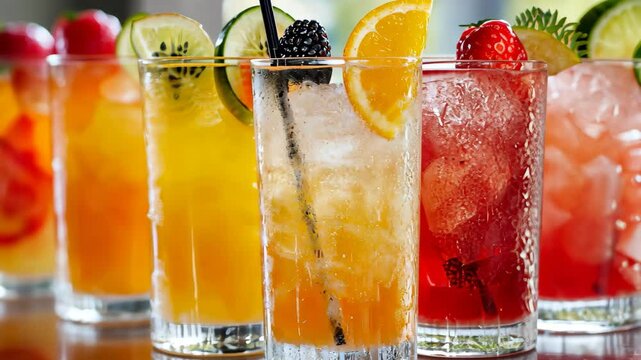 Refreshing iced drinks with fruit garnishes in sunny summer setting, A row of colorful, refreshing iced drinks with fruit garnishes Perfect for summer refreshment